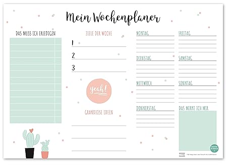 TYSK Design Schreibtischunterlage Kaktus (Design wählbar) Tischunterlage aus Papier Zum Abreißen Din A3 to Do Liste Notizbloc