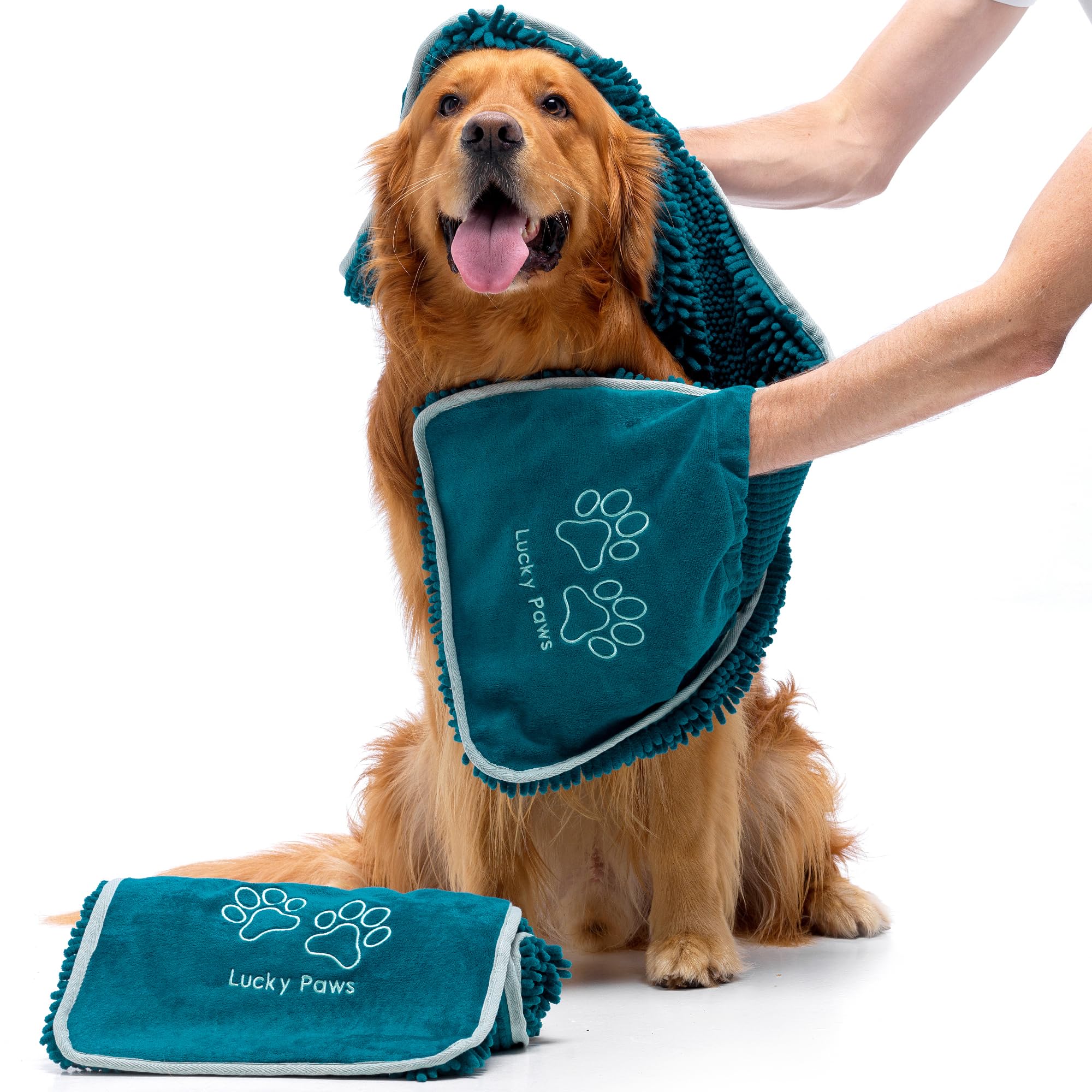 Lucky Paws® Chenille Dog Towel with Hand Pockets - UK Based Seller - Absorbent Microfibre Towel - Fast Drying - Super Soft - Machine Washable & Dryable - 88 x 32cm (Pack of 2, Teal)