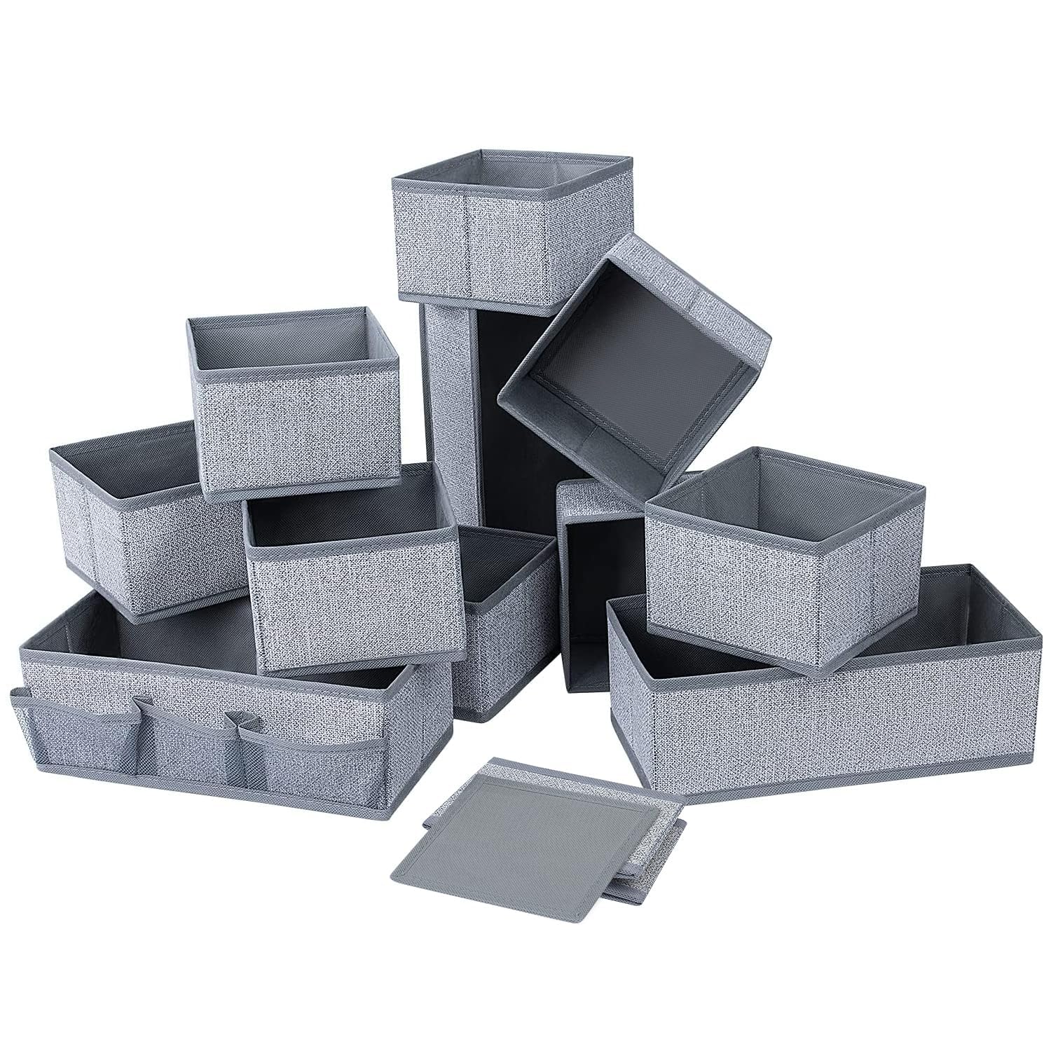 DIMJ 12 PCS Drawer Organiser Fabric Storage Box - Foldable Wardrobe Dividers Cubes for Socks, Underwear, Ties, Scarves, Cosmetics (Heather Grey)
