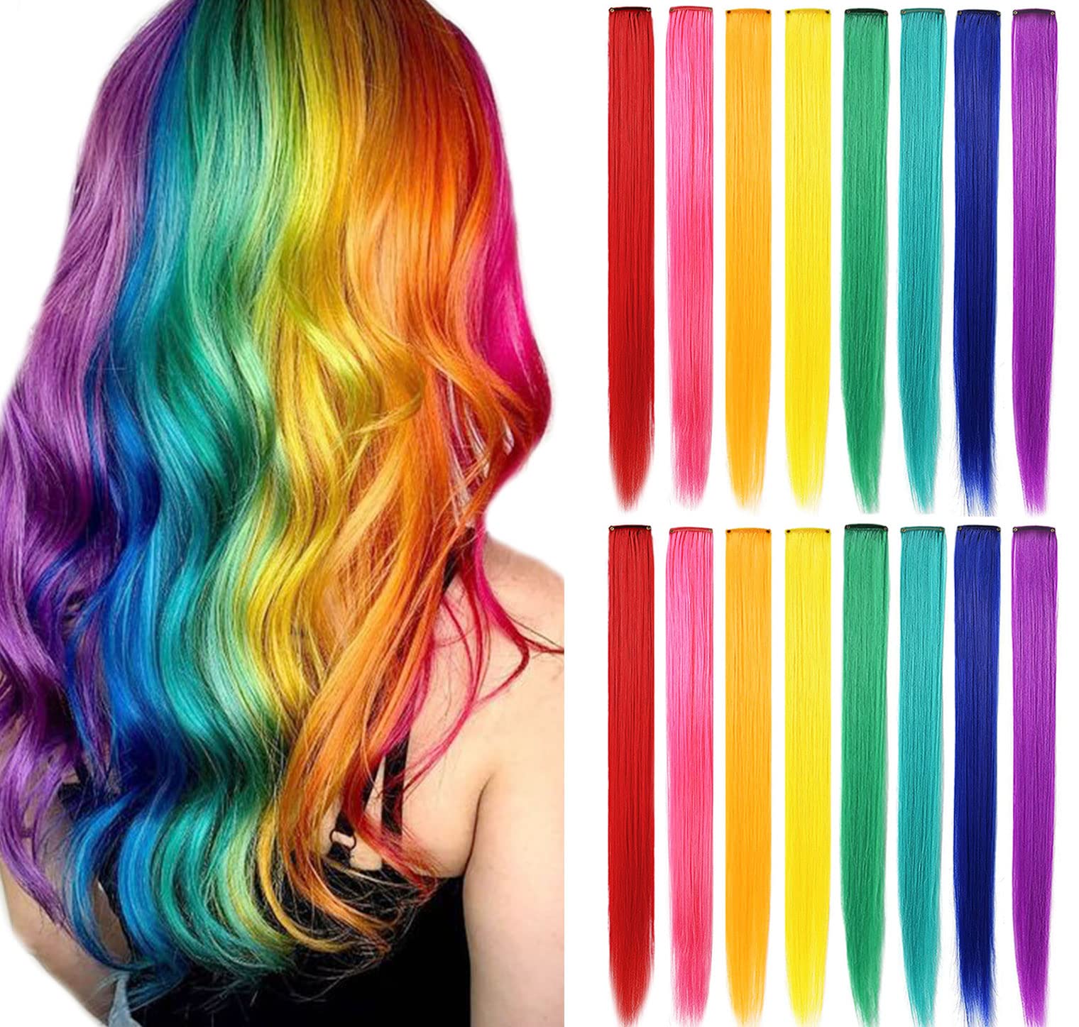 MQY COLOR 16 PCS Colored Clip in Hair Extensions 21Inch Synthetic straight Hair Extensions for Women Girls Gift Multi-Colors Party Clip in Synthetic Hairpiece (Rainbow color)