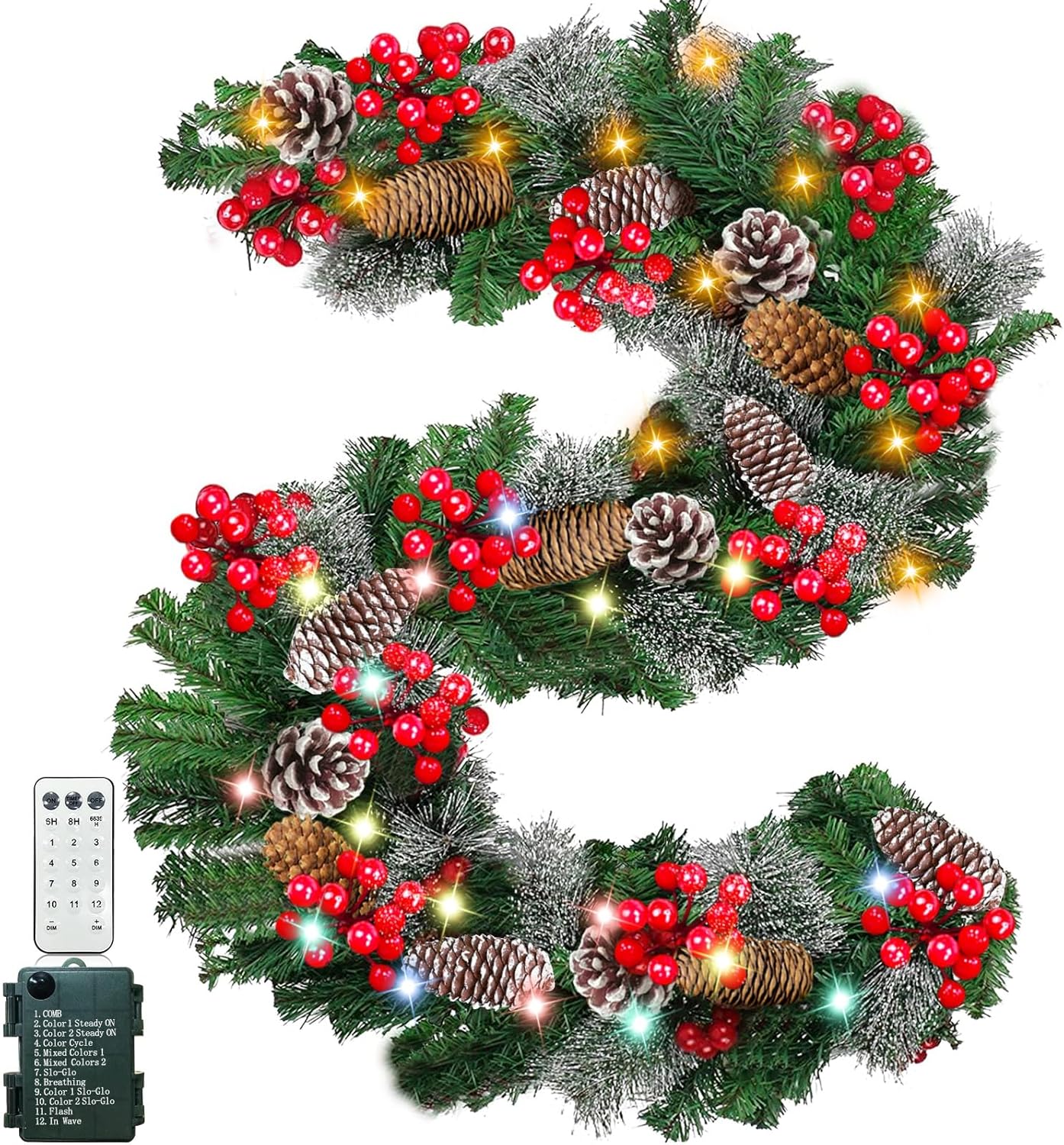 Wreaths, Garlands & Swags - [ Dual Color Switch & Timer ] 9Ft by 10 Inch 80 LED Christmas Garland Warm White & Multi Color Change Lights 12 Modes Remote Control Thick 300 Snowy Tips 198 Red Berry 18 Pinecone Prelit Xmas Garland