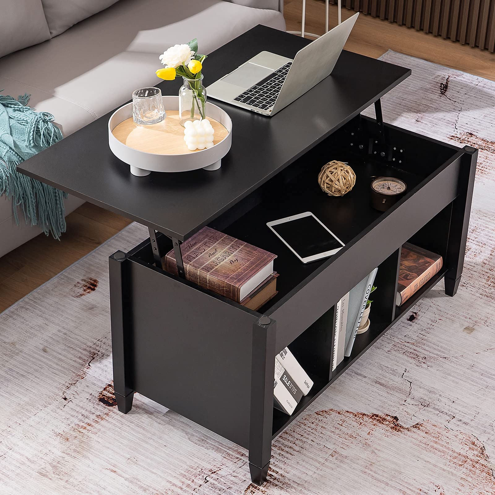 VINGLI Lift Top Coffee Table, Lift Up Coffee Table with Storage Shelf