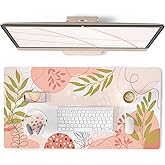 QIYI Large Mouse Pad, Cute Desk Mat for Desktop, Women Girls Minimalist Pink Office Desk Accessories, PU Leather Waterproof Gaming Mousepad, Tropical Leaves Desk Pad Computer Mat, 31.5" x 15.7"