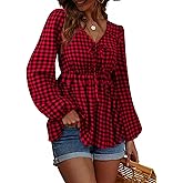 Vivilli Women's Blouses Dressy Casual Ruffle V Neck Tops Ruched Waist Lantern Long Sleeve Shirts Fall Outfits