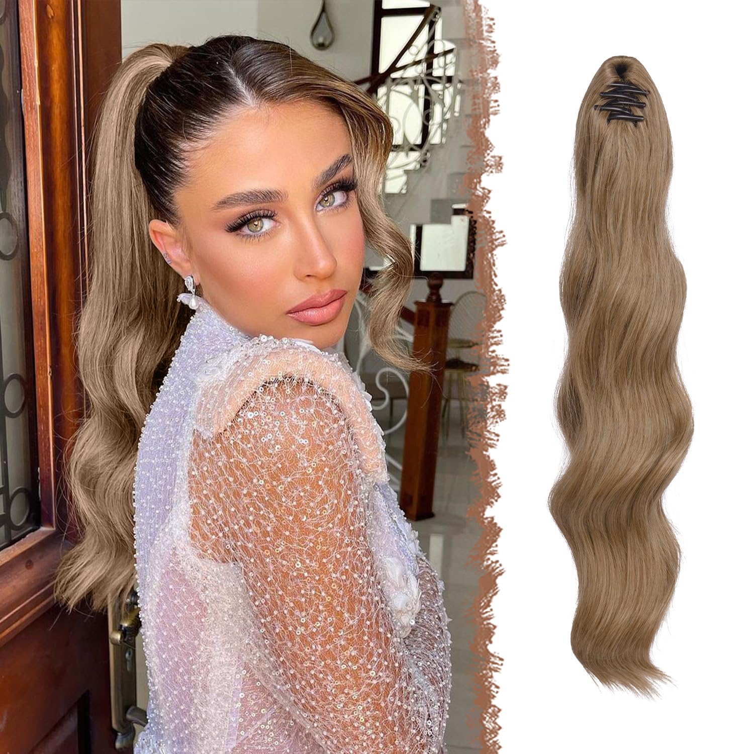FESHFEN Ponytail Extensions 20 inch Long Wave Ponytail Claw Clip in Pony Tail Hair Extensions Wavy Ponytails with Claw Clip Synthetic Hairpieces for Women Girls Light Brown Mix Natural Blonde