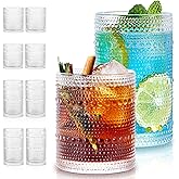 Potdoctor Hobnail Drinking Glasses Set of 8, 4 Highball Glasses 15oz,4 Rocks Glasses 12oz,Mixed Drink Cocktail Glass, Vintage Embossed Glassware Sets for Whiskey,mocktails, Water & Juice Drinkware
