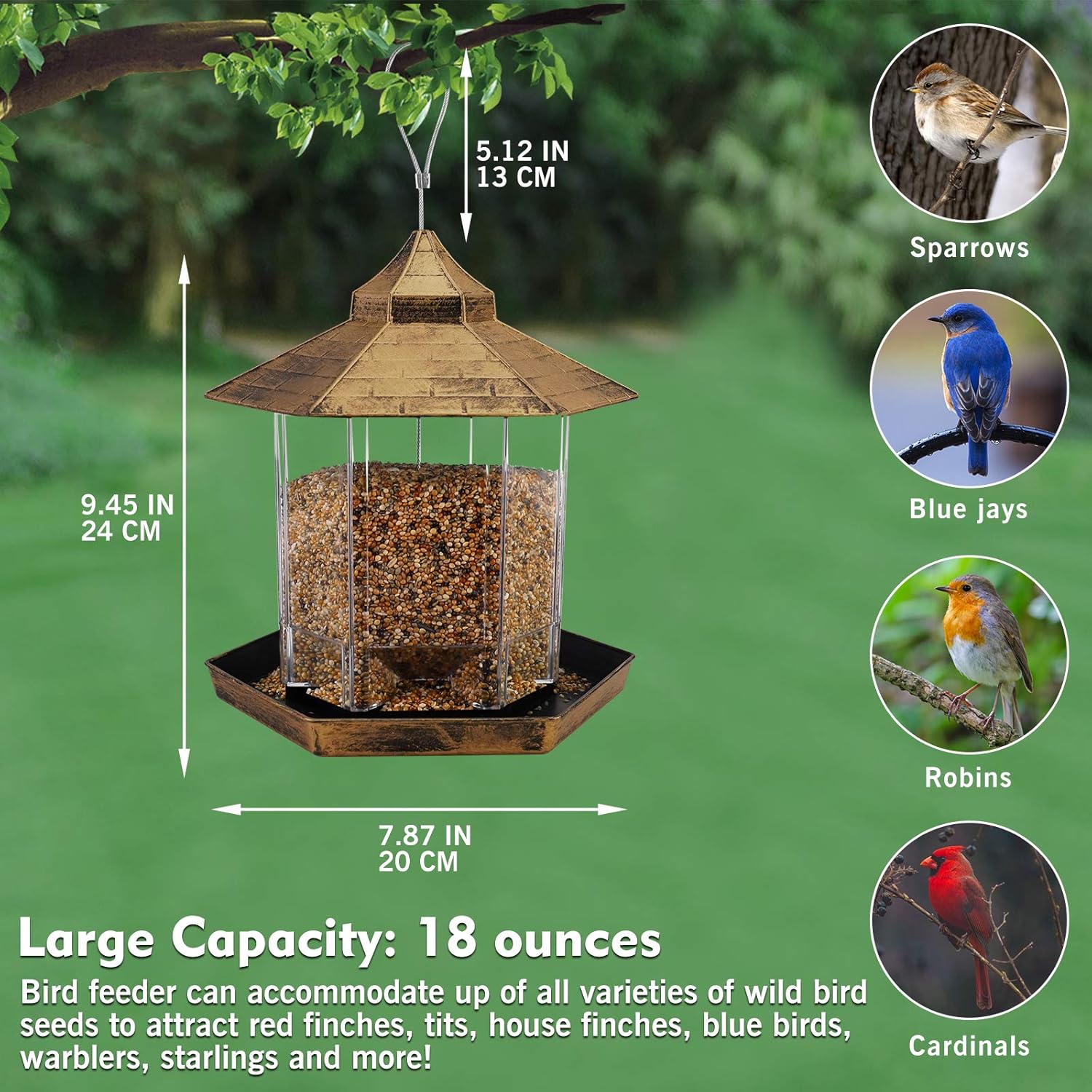 Hanging Wild Bird Feeder Gazebo Birdfeeder Outside Decoration -Perfect for Attracting Birds on Outdoor Garden Yard for Bird Lover Kids, 2.6lb Capacity Hexagon Shaped with Roof Avoid Weather and Water : Garden & Outdoor