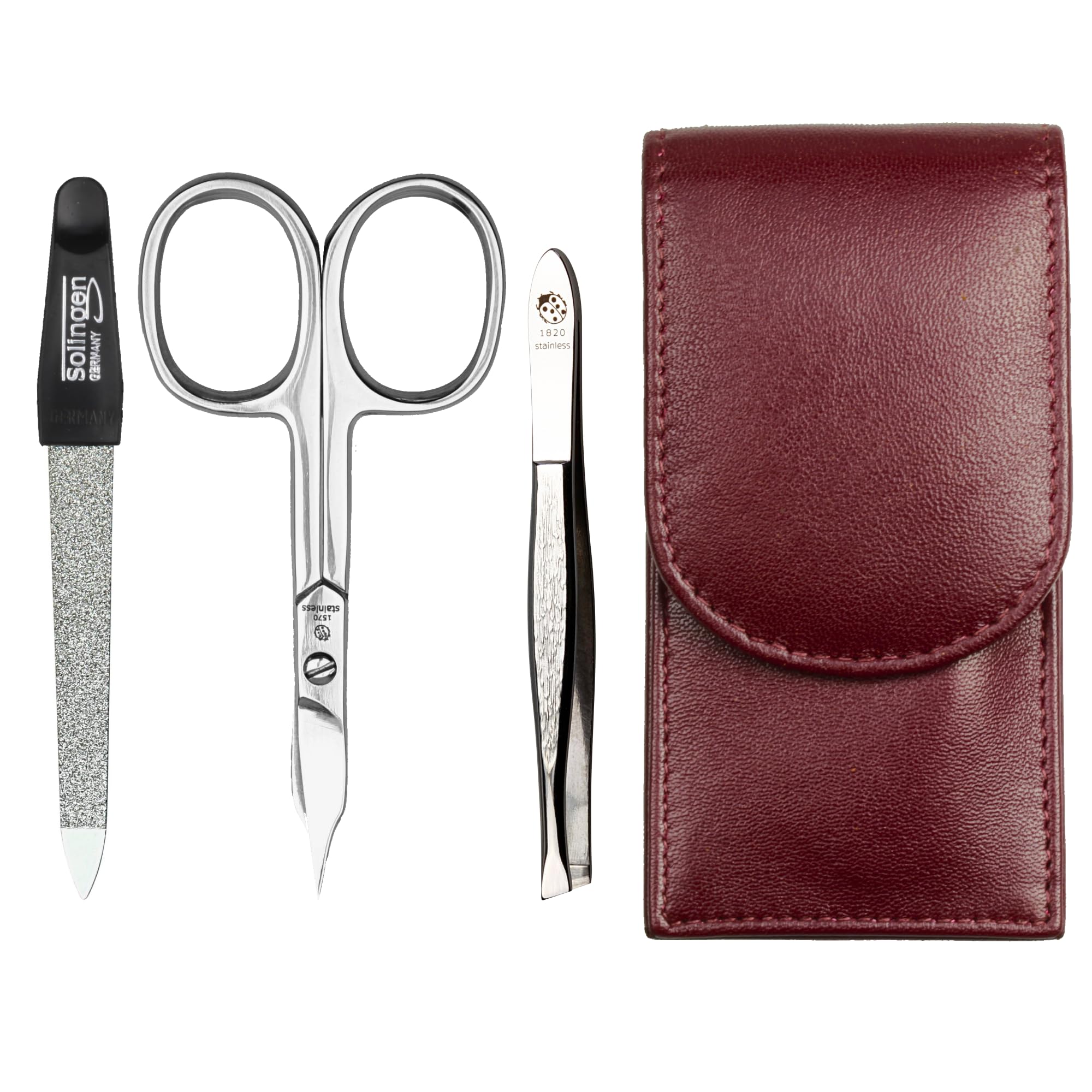 SONNENSCHEIN by Hans Kniebes - Manicure Set 3 Pieces - Nail Scissors, Nail File and Tweezers - Pocket Manicure Nail Care Set - Nappa Lambskin Manicure Case (Bordeaux)