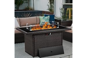 Vakollia Propane Fire Pit Table,44 Inch 55000 BTU Outdoor Gas Fire Pit Rectangular with Glass Wind Guard for Outside Patio Deck (Brown-Glass Top)