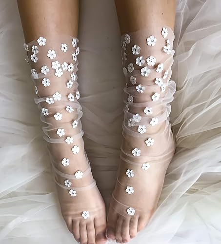 Floral Embellished Tulle Socks 