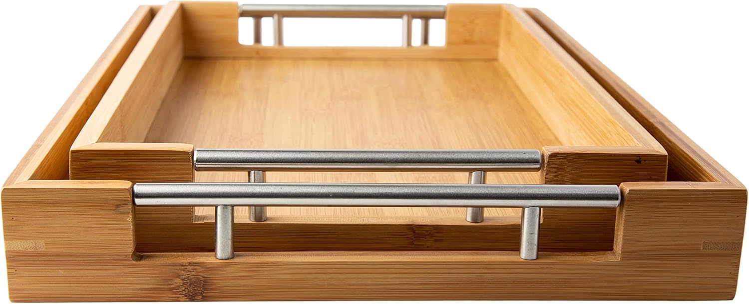 Modern Bamboo Serving Trays with Handle - Nesting Set of 2 Wooden Trays - Large & Small for Food Ottoman Décor & More - Natural Color - Image 3