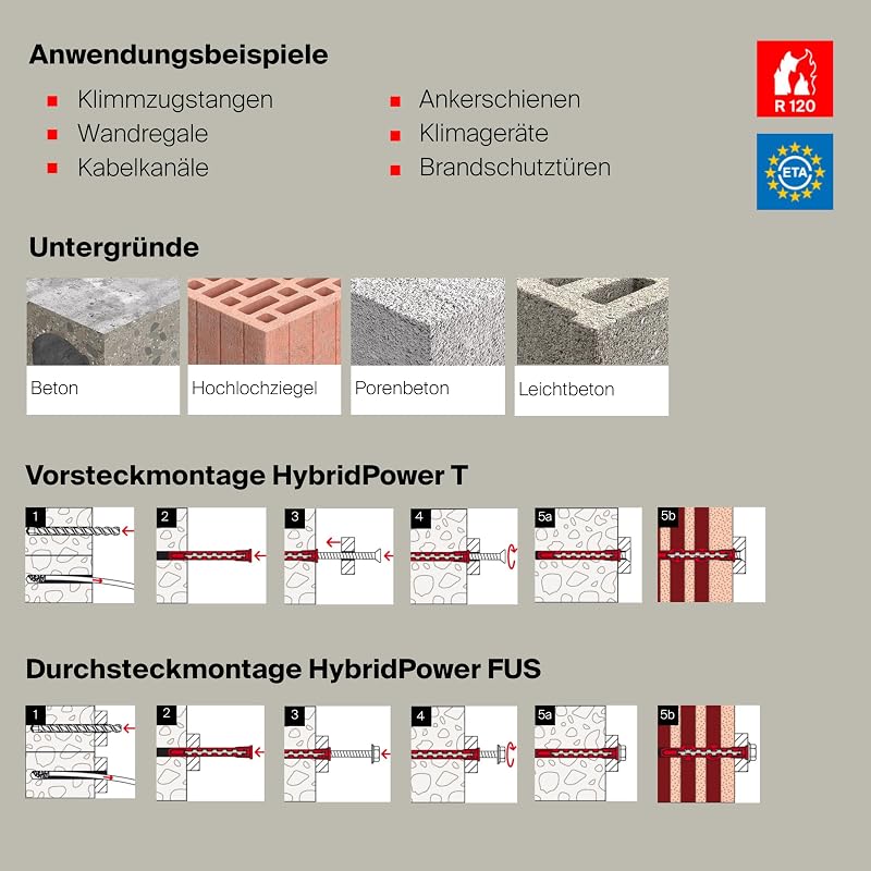 HybridPower 10 x 90 T, Dübel für Höchste Tragfähigkeit und Sicherheit, Einfache Montage ohne Setzwerkzeug, Universell für Loch- und Vollbaustoffe, Mauerwerk, Beton, Sicher auch im Brandfall