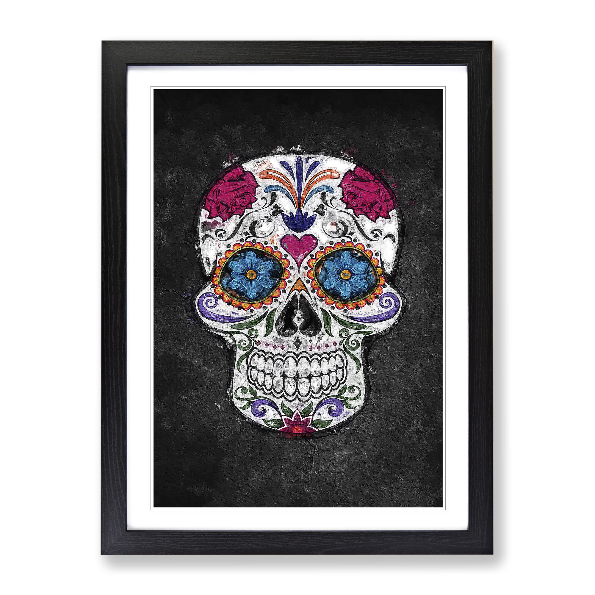 Floral Sugar Skull Modern Framed Wall Art Print, Ready to Hang Picture for Living Room Bedroom Home Office Décor, Black A3 (34 x 46 cm)