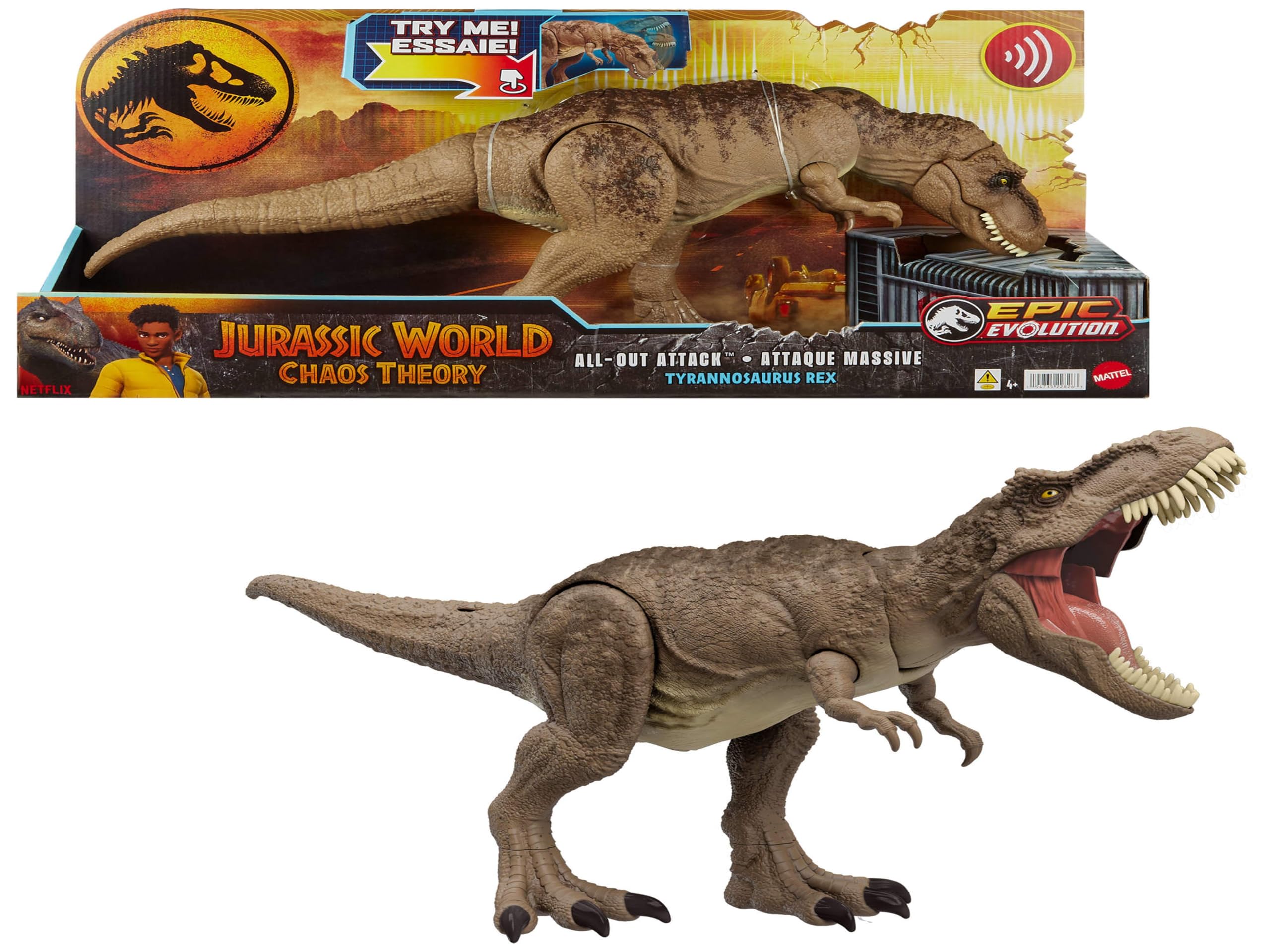 Mattel Jurassic World: Chaos Theory Netflix - All-Out Attack Tyrannosaurus Rex Dinosaur Action Figure Toy, with Rampage Attack, Chomp & Roar & Evolved Spikes, Digital Play, Ages 4 Years & Up, HXF54