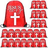 SilTriangle 24 Pcs Christian Drawstring Bags Jesus Loves You Religious Backpack Bags for Church Easter Catholic Christian Bulk Gifts(Red)
