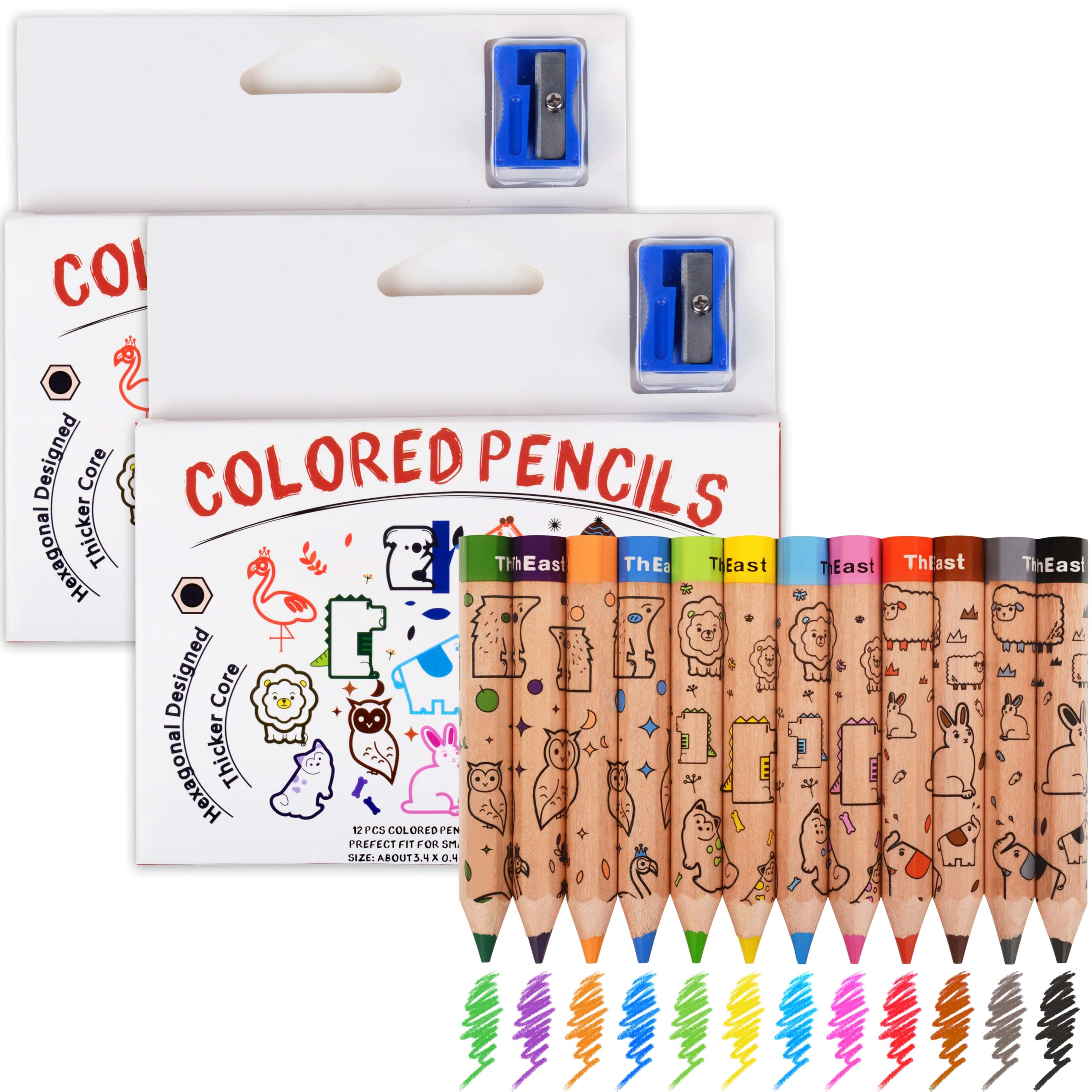 ThEast 24 Short Jumbo Colored Pencils, Cute Animal Pencils for Kids ages 3-12, Hexagonal Thick Pencils with Sharpener, Toddler Coloring Pencils Set, Pre-Sharpened(2 Sets of 12)