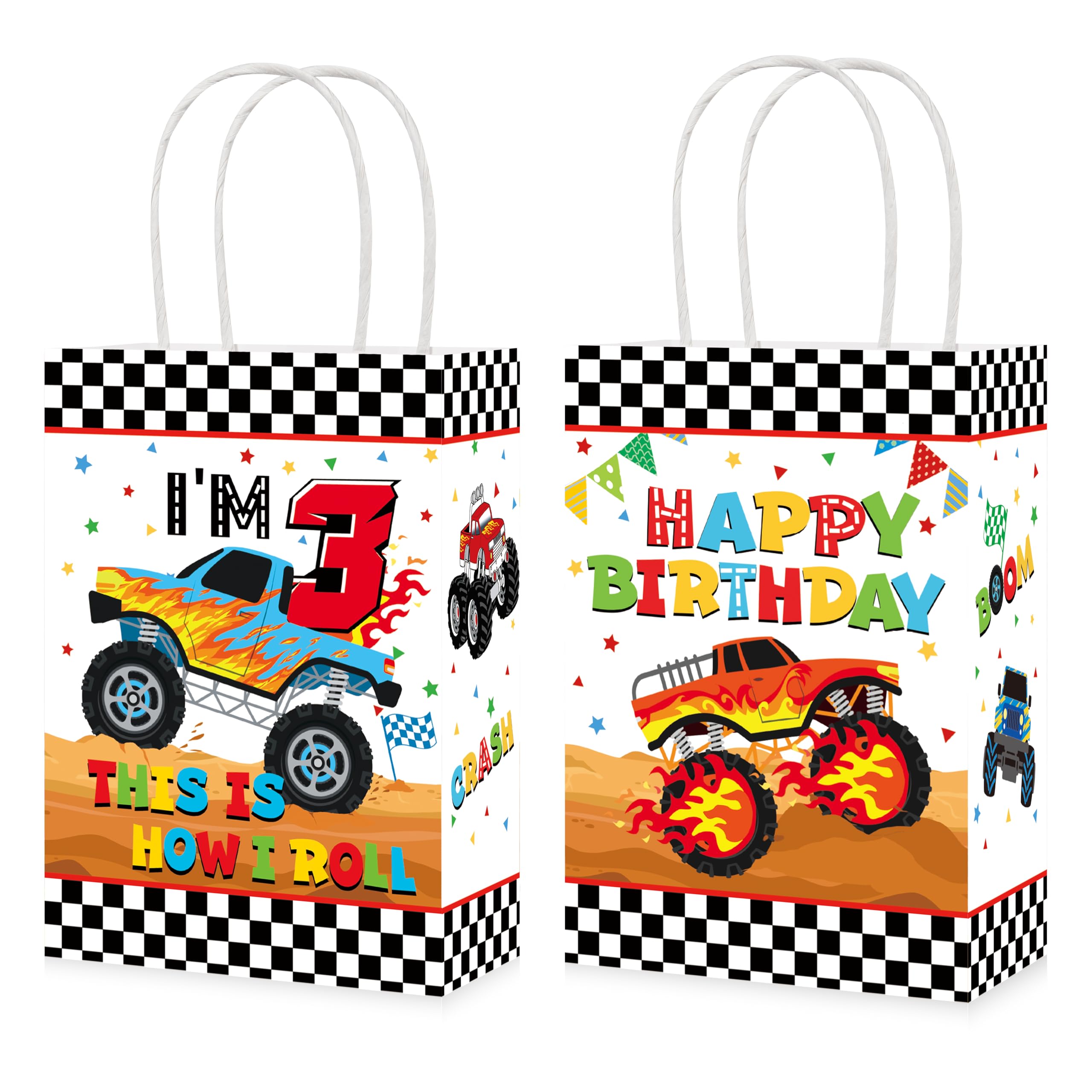 Photo 1 of Grencian 16 Pcs Monster Theme Truck 3rd Birthday Party Bags Monster Theme Truck Paper Bags Monster Birthday Decorations for 3rd Kids Boys Monster Theme Truck Party Favor