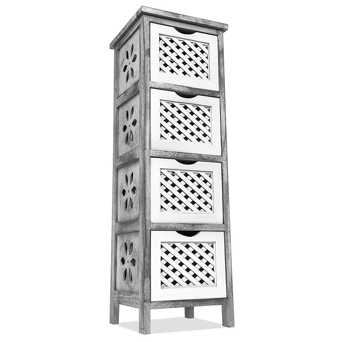 LIVIVO 'VENUS' Grey Wooden Storage Tower Furniture Unit With Rattan
