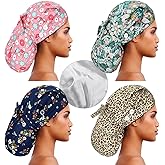 Jamntower 4 Pcs Extra Large Satin Lined Scrub Caps for Women Long Hair Nurse Surgical Hat with Buttons Adjustable Tie Back