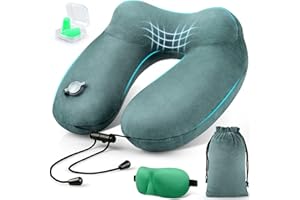 urophylla Inflatable Travel Pillow for Airplane, Inflatable Neck Pillow for Traveling with 3D Contoured Eye Masks, Adjustable Neck/Chin Support Pillow for Trains, Cars, Large (Green)