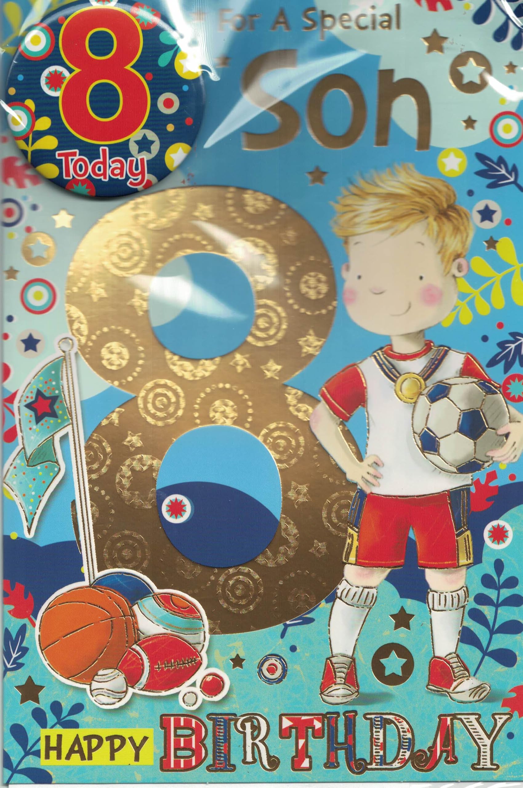 SON AGE 8 EIGHT BIRTHDAY CARD WITH BADGE***9 X 6 INCHES**1ST CLASS POST***AE6**