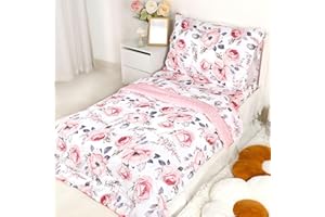 SWESEN 4 Piece Toddler Bedding Set, Flower Toddler Bed Comforter Sets for Girls, Includes Quilted Comforter, Flat Sheet, Fitted Sheet and Pillowcase, Ultra Soft and Breathable, Pink Floral