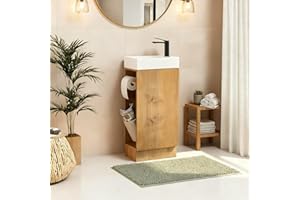 JINDOLI 16" Small Bathroom Vanity with Sink - Snaefell Oak:Small Space Fit,2 Toilet Paper Holders & Storage Pocket,Adjustable Shelve,Soft Closing Door & Quiet Hinges,Floor-Standing Extra Storage