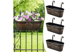 BEHEN BAHEN 3 Pcs Large Balcony Planters Railing Hanging Flower Pots- 16.2 Inch Metal Railing Planter Box Fence Planters for Outdoor Plants with Detachable Hooks and Drain Holes for Garden Decor (Retro-3pcs)