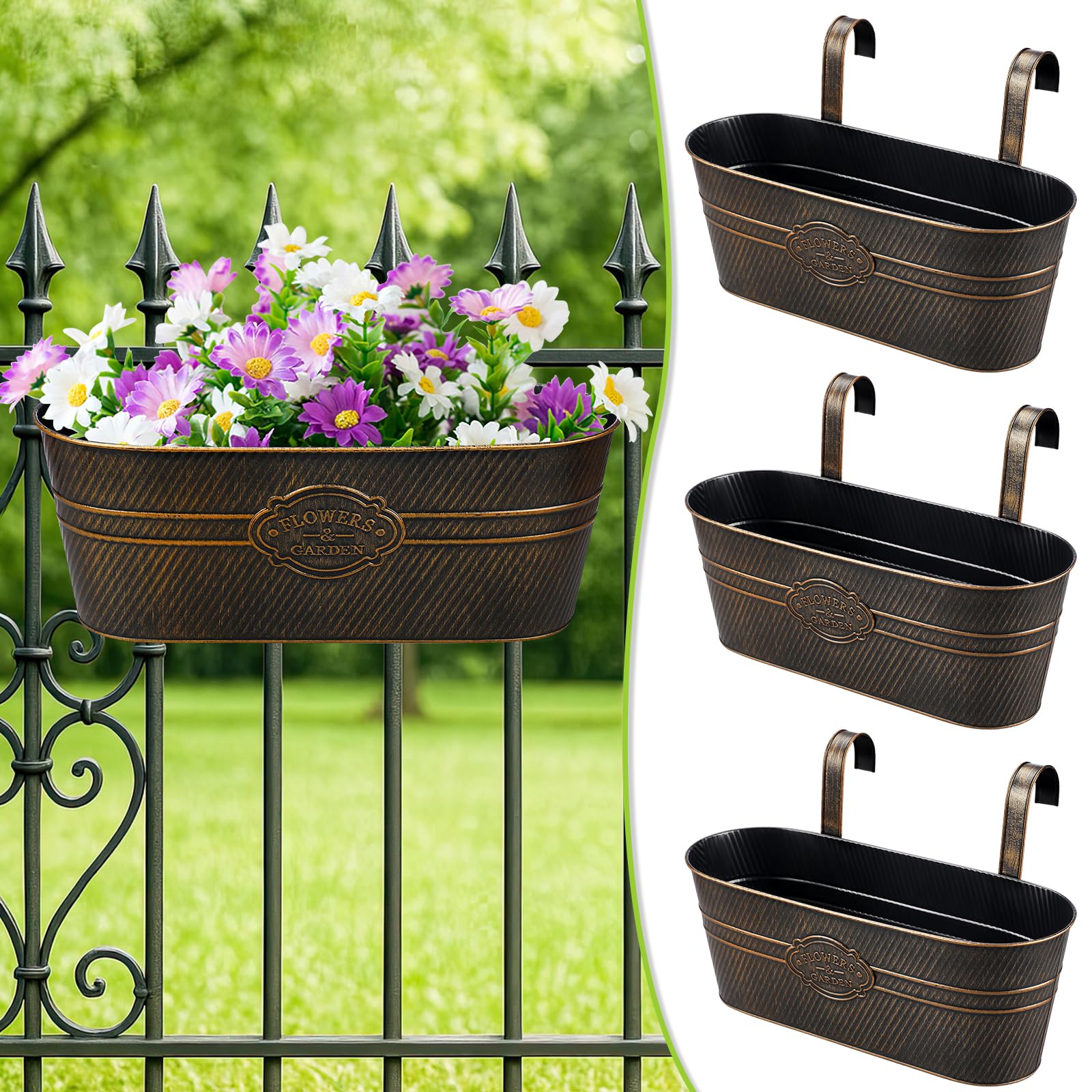 Photo 1 of 3 Pcs Large Balcony Planters Railing Hanging Flower Pots- 16.2 Inch Metal Railing Planter Box Fence Planters for Outdoor Plants with Detachable Hooks and Drain Holes for Garden Decor (Retro-3pcs)