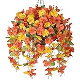 HyeFlora Artificial Fake Hanging Flowers Plants Baskets for Outdoor Decoration, 5Pcs Faux Silk Hibiscus Long Vines in Planter Look Real for Outside Home Porch Patio Garden (YellowOrange)