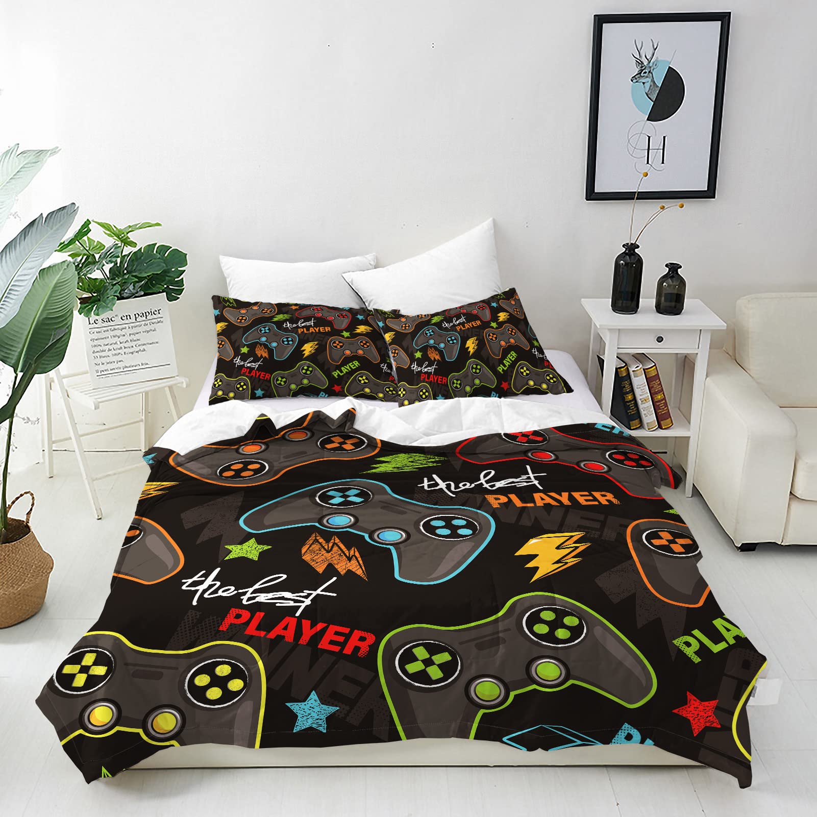 ANHOPE Gamer Duvet Cover Set Soft Lightweight 3 Piece Bedding Set with 2 Pillowcase Video Game Gamepad Controller Print Pattern Kids Boys Girls Teens Gaming Quilt Cover with Zipper Single — image 1