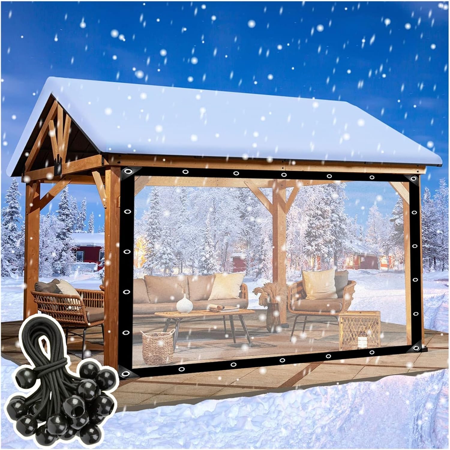 Outdoor Curtains - PE Outdoor Curtains Clear Tarp Panel Waterproof with Grommets，Windproof Curtains for Porch, Gazebo, with Ball Bungee, Customizable HSYFdy (Color : Clear, Size : 5x11ft/1.5x3.5m)