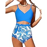 BAVADER Girls Swimsuit Cutout One-Piece Bathing Suit V-Neck Swimsuits for Teens Cute Swimwear with Drawstring Cover Up 9-18y