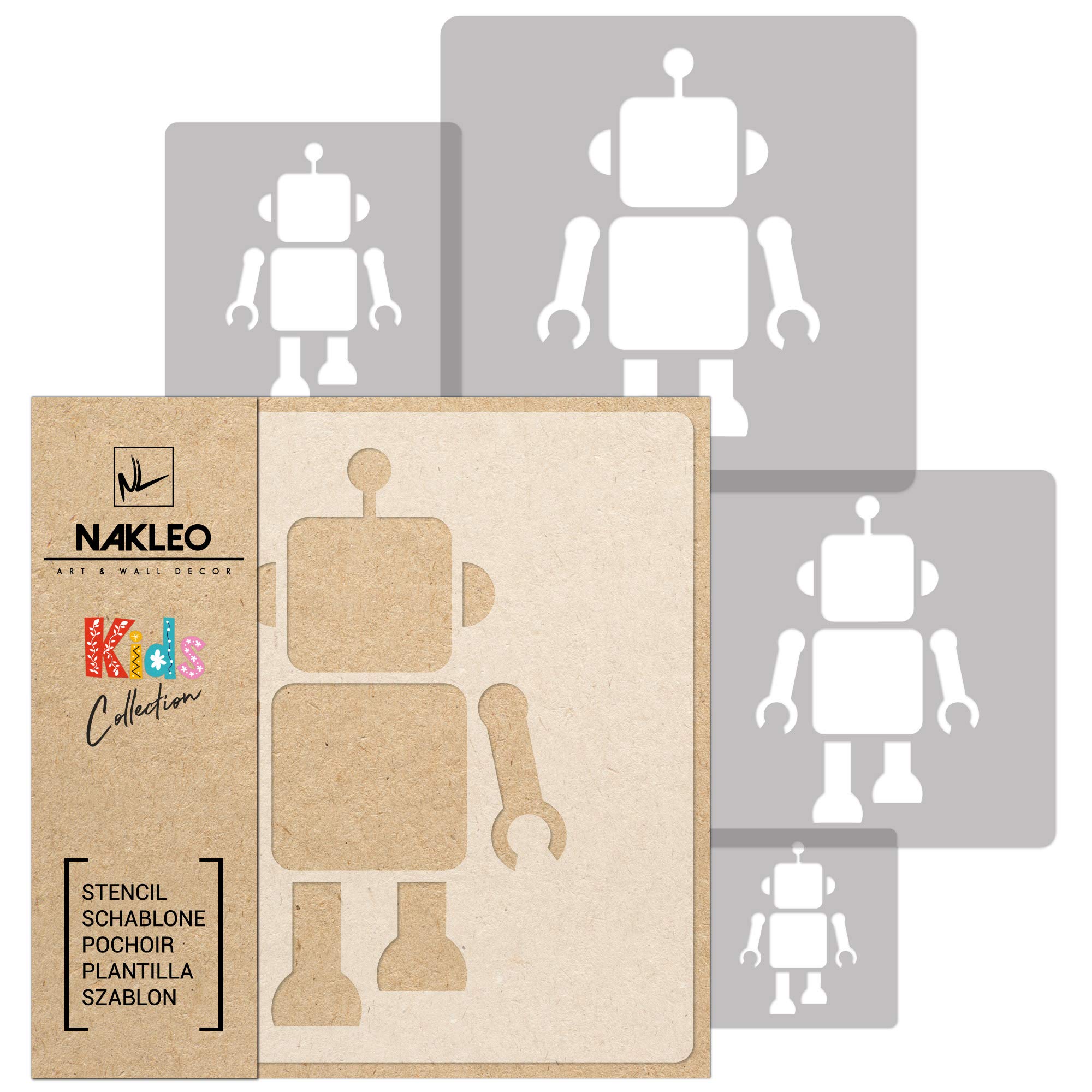 NAKLEO Painting Stencils Set for Nursery Room, 5 Pcs Templates 9x9 to 34x34cm Robot Machine Toy, Plastic and Reusable Drawing Stencils, Decor, Craft DIY Wall Furniture