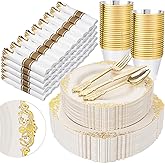 Nervure 350PCS Ivory Plastic Plates - Ivory Gold Plastic Dinnerware Sets for 50 Guests - 100 Gold Disposable Plates, 50 Pre Rolled Silverware Sets, 50 Cups Perfect for Wedding & Party