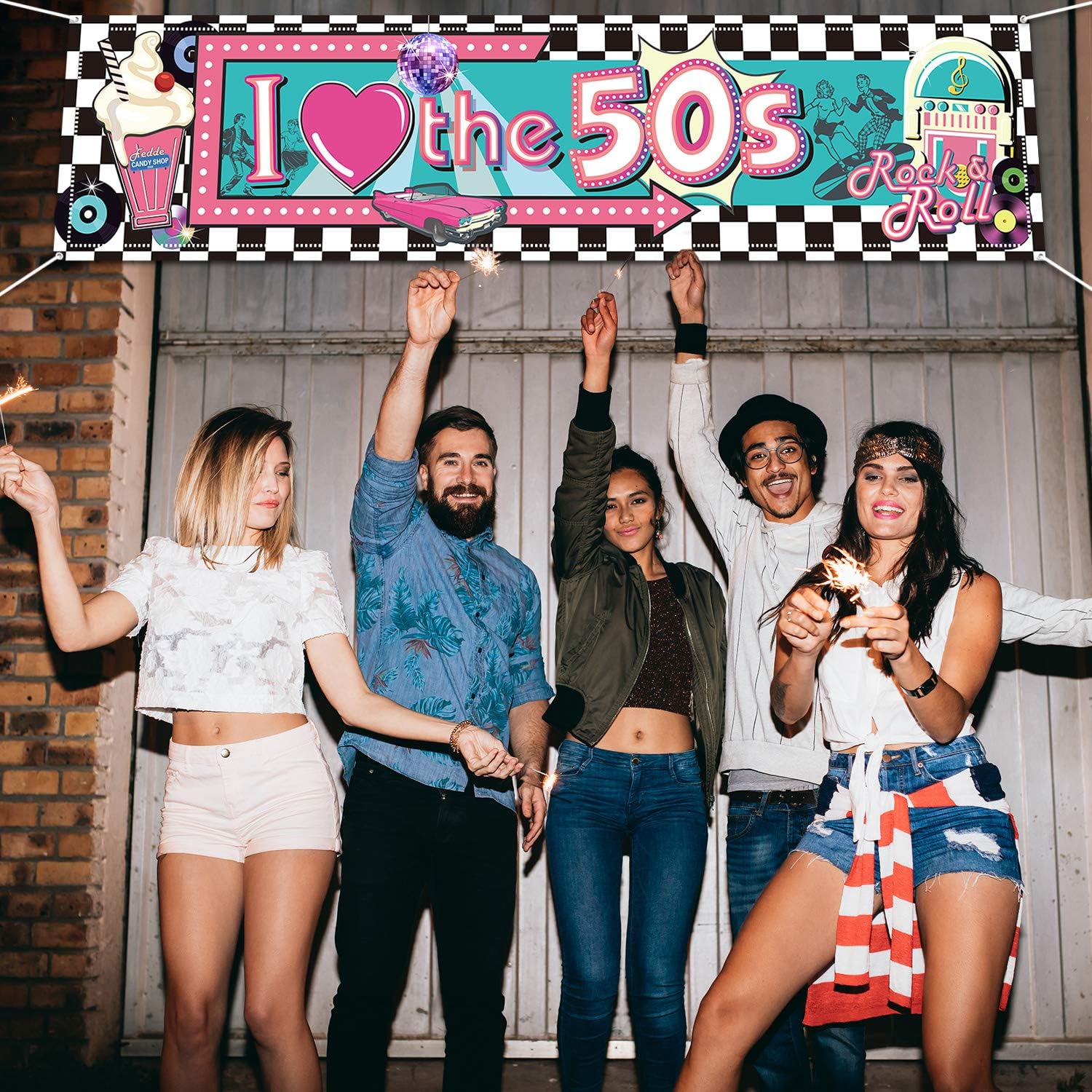 50's Party Banner I Love the 50's Banner 1950s Rock and Roll Theme Party Decorations Photo Booth Backdrop Wall Background 50s Party Decoration Baby Shower Birthday Party Supplies - Image 5
