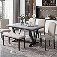 6 Piece Dining Table Set Wood Dinette Table and 4 Upholstered Chairs and a Bench with Cushion, Marbled Veneers Tabletop Urban Style Kitchen Table Set for 6 People
