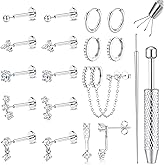 LOLIAS 16G/18G/20G Flat Back Earrings for Women Threadless Surgical Steel Stud Hoop Earrings Push in Nose Studs Hypoallergenic CZ Cartilage Earring Set Labret Helix Tragus Conch Piercing Jewelry