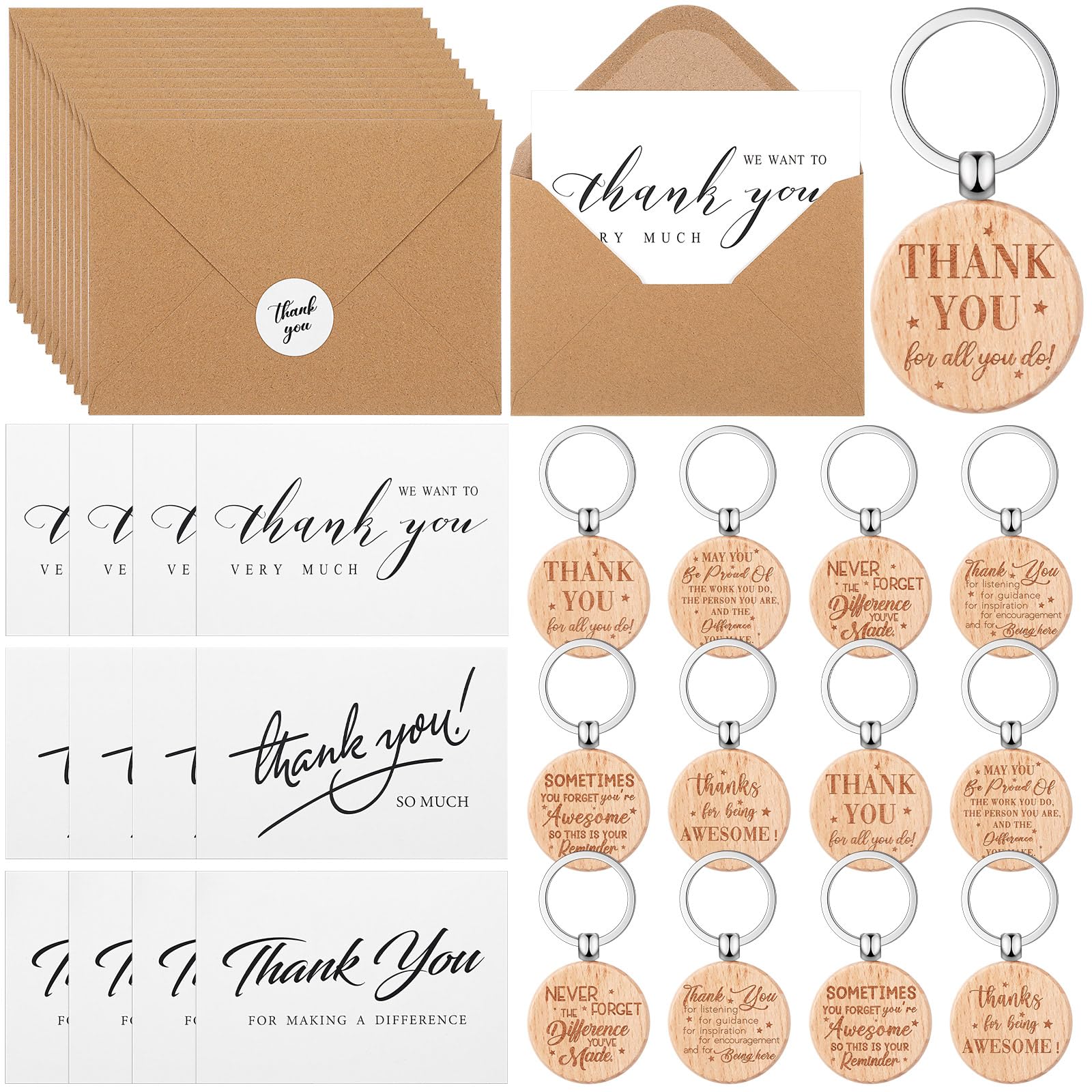 Tenare 48 Pcs Thank You Gift Employee Appreciation Gifts Bulk Thank You Card with Keyring Inspirational Keychain with Envelopes Leaving for Colleagues Teachers Nursery Thanksgiving Gifts(Awesome)