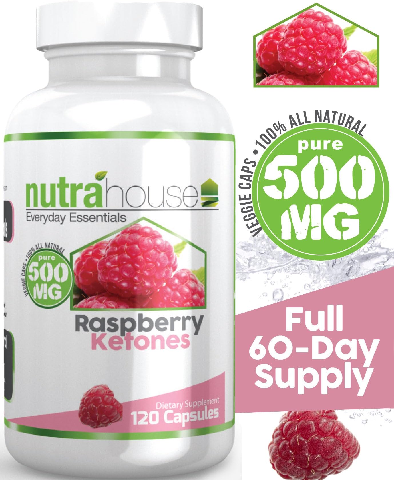 Pure Raspberry Ketones 500 MG Additive Free by NutraHouse Vitamins. 120 Veggie Caps - Full 60-day Supply! All Natural Weight Loss, Non-Stimulant Fat Burner. Raspberry Ketones support Natural Weight Management. Purest Raspberry Formula. Natural Appetite Suppressant & Weight Loss Supplement