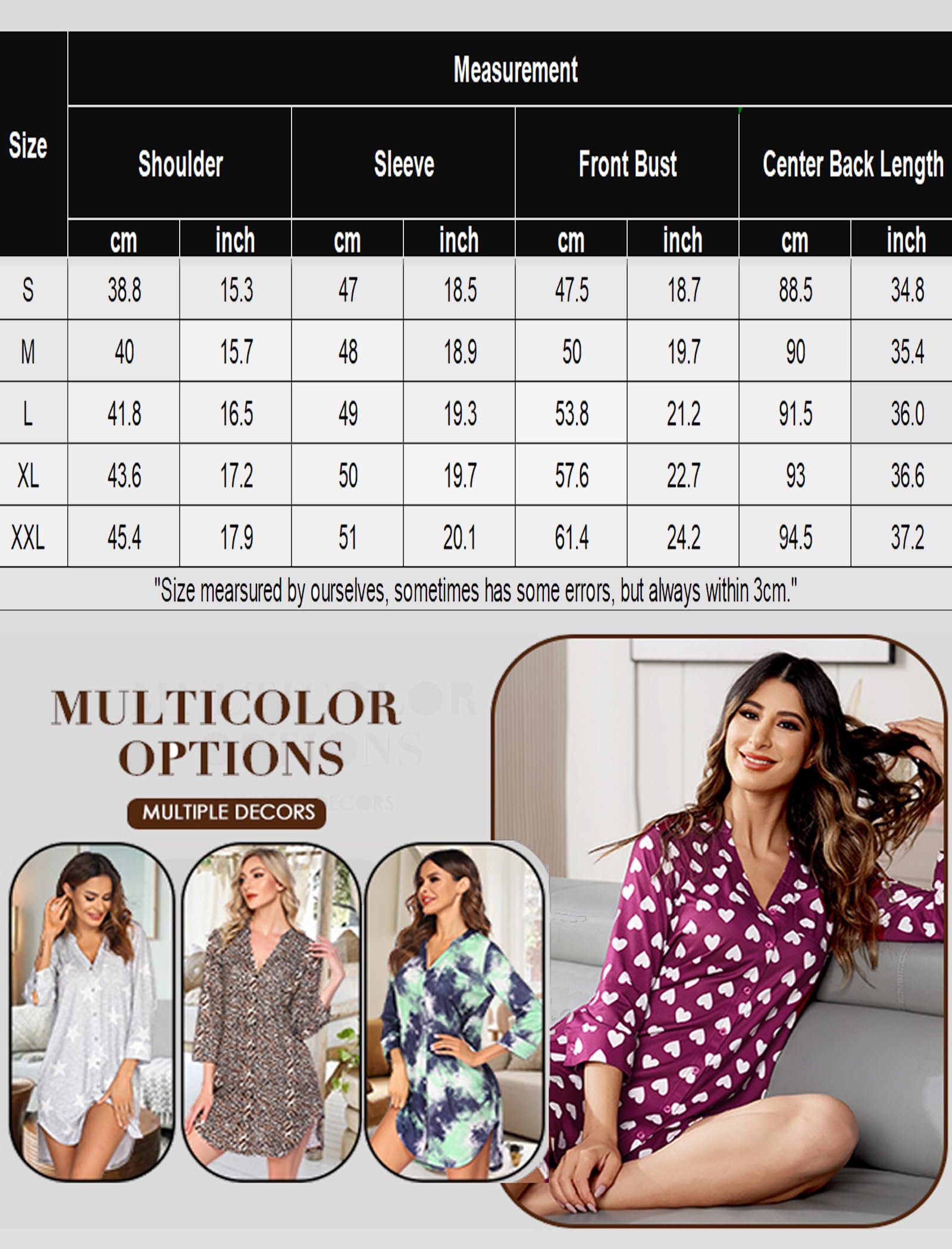 Ekouaer Nightdress Womens Soft Sleepwear Sexy Nightgown 3/4 Sleeve Sleep Shirt for Women Striped Nightwear