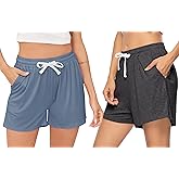 Vlazom Women's Cotton Pajama Shorts Comfy Sleep Shorts with Drawstring/Pockets Soft Breathable Sleepwear S-3XL(Pack of 2)