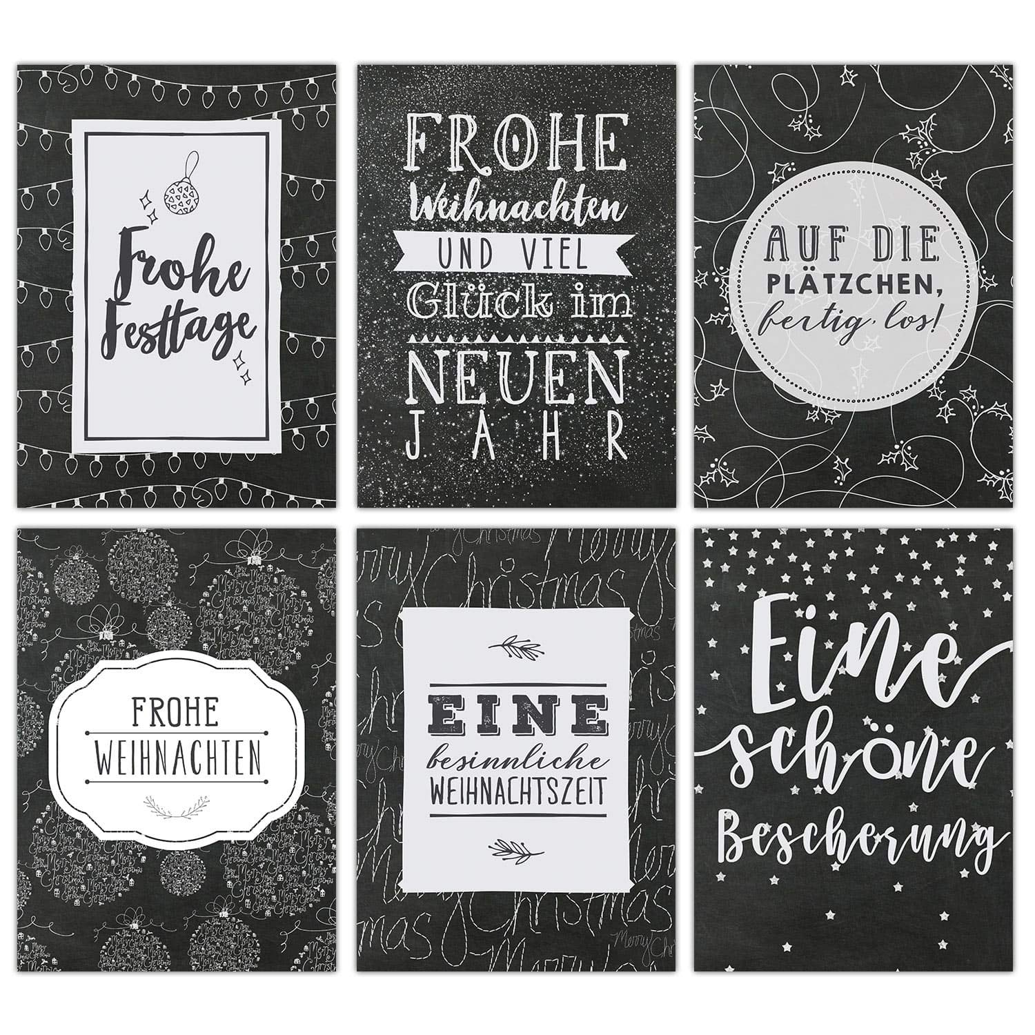 Christmas Card Set Black/White panel – 12 Lovingly Designed Postcards Christmas Greeting Cards in German Christmas Postcard Set - from Papierdrachen Schwarz-weiß Tafel
