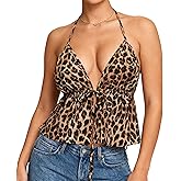 Ammiko Women's Cheetah Print Halter Top Leopard Backless Tie Front Ruffle Crop Y2k Sexy Going Out Tops Club Outfits