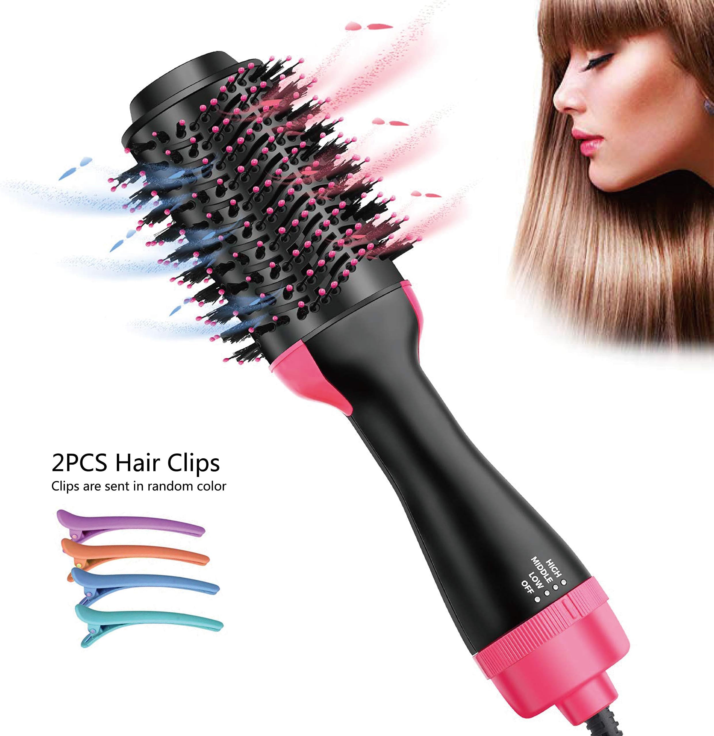 TKLake Hot Air Brush One Step 4 in 1 Hair Dryer & Volumizer Multi-Functional Salon Negative Ion Hair Straightener & Curly Hair Brush for All Hair Type,2PCS Cilps