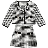 WDIRARA Girl's 2 Piece Houndstooth Outfits Tweed Jacket and Skirt Set Tea Party Suits