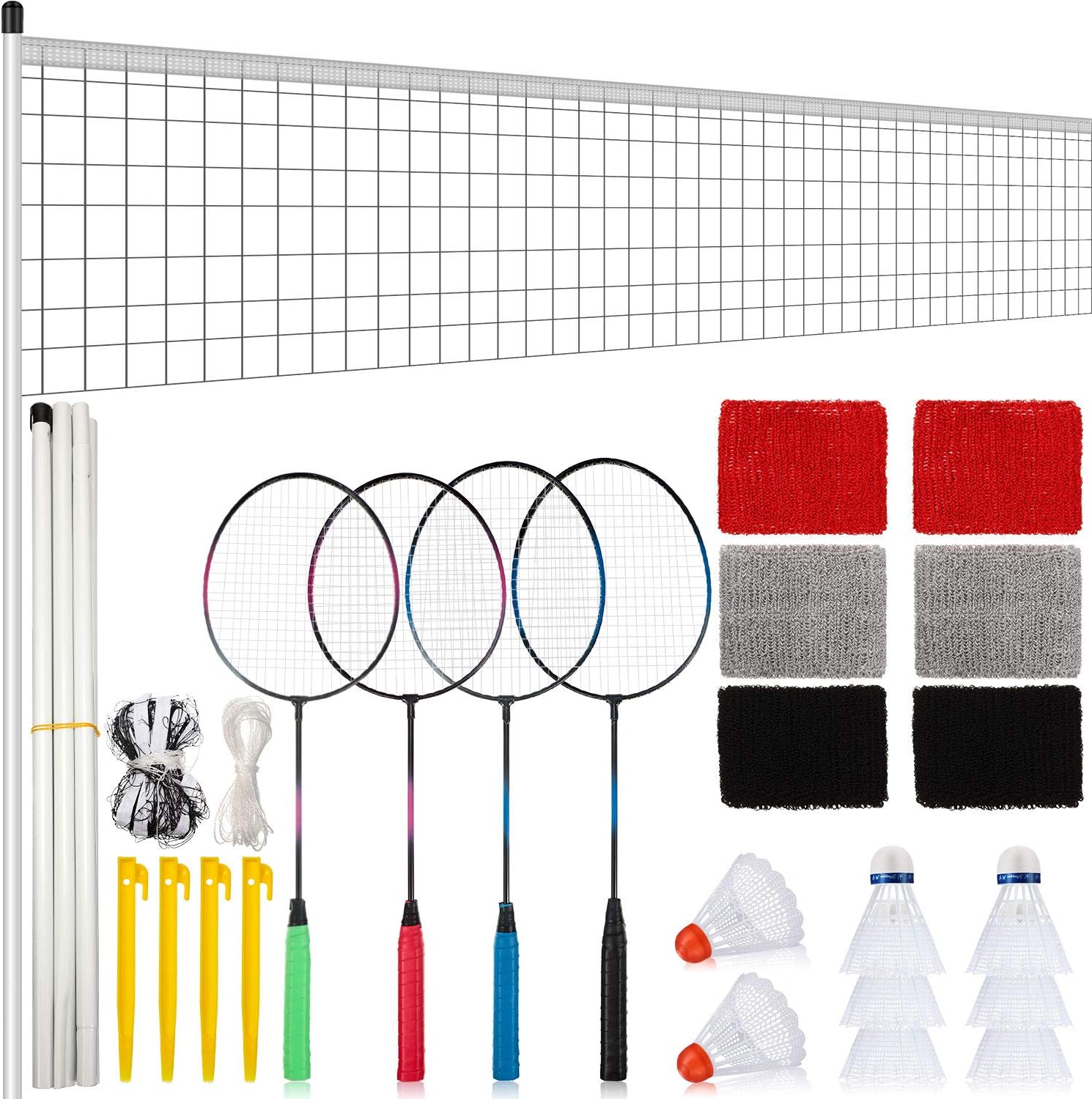 Badminton Racket Set 4 Pieces Badminton Rackets with 8 Shuttlecocks Nets 3 Pairs Wrist Bands Badminton Shuttlecock Complete Sets for Most Players Outdoor Sports : Sports & Outdoors