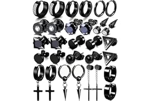 NUNPAG 15 Pairs Earrings for Men, Stainless Steel Earrings Stud Kit for Men Women Fashion Piercing Jewelry Cross Dangle Hoop Earrings Set
