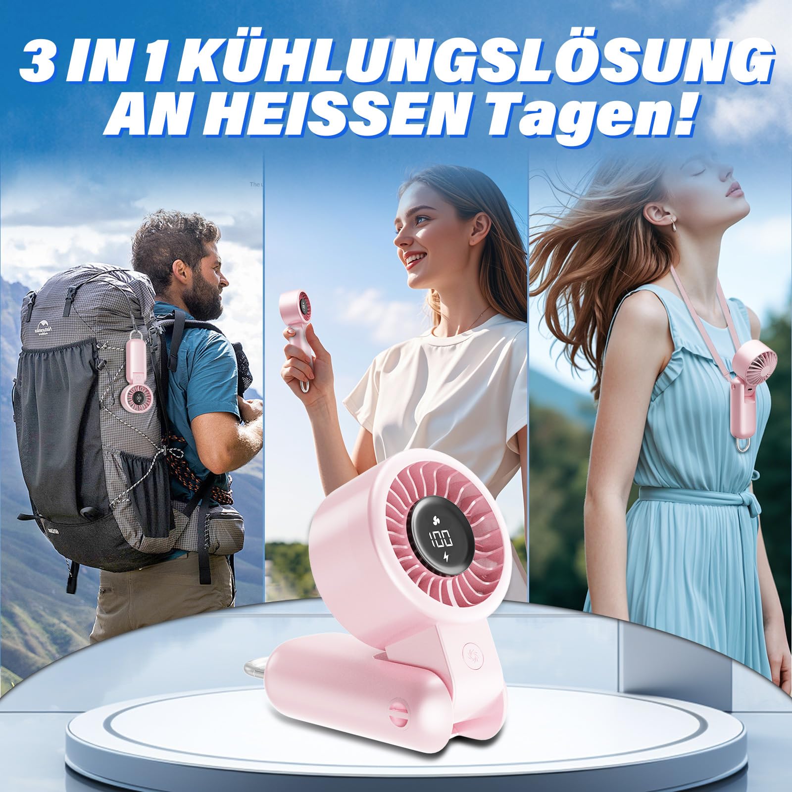Portable HandHeld Turbo Fan - Foldable Personal Fan with LED Display, 5 Speeds, Lanyard, USB Rechargeable, Strong Airflow, Mini Pocket Fans Gifts for Women/Men, Travel, Vacation, Concerts, Lash, Beach
