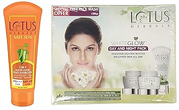 Lotus Herbals Safe Sun 3-In-1 Matte Look Daily Sunblock SPF-40, 50g & Herbals White Glow Day And Night Pack with free Face wash,100g Combo